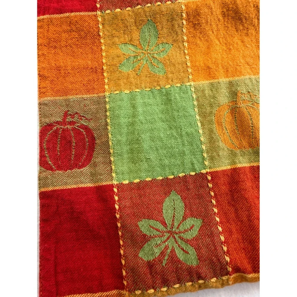 Autumn Patchwork Pumpkin Leaf Woven Table Runner Red Orange Green 13x70